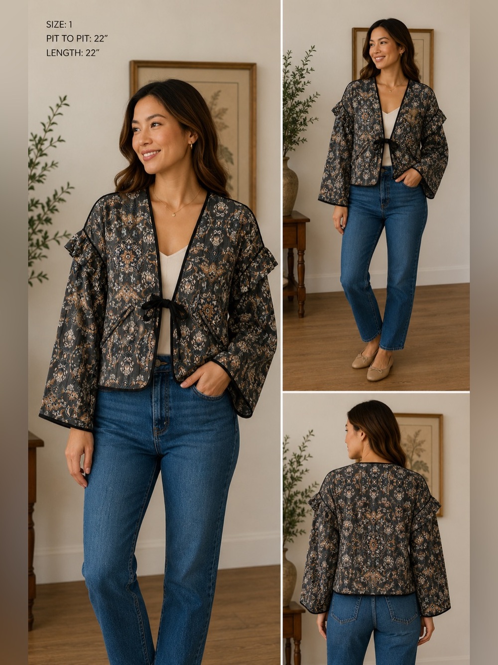 Hannah Artwear Janaki Floral Quilted Cotton Jacket Gray Size 1 Medium Ruffle